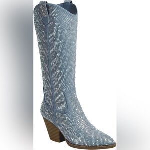 IMOGEN-38 Rhinestone Blue Denim Knee High Boots